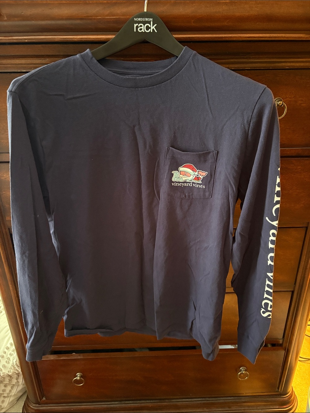 Vineyard Vines Navy Long Sleeve Christmas Pocket Tee with Sleeve Script